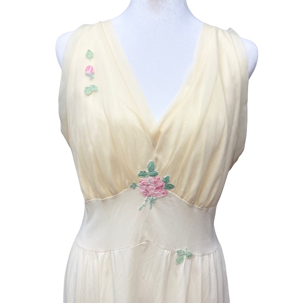 Vintage 60s Cream Floral Babydoll Maxi Nightgown Lingerie Romantic Ethereal - Picture 2 of 16